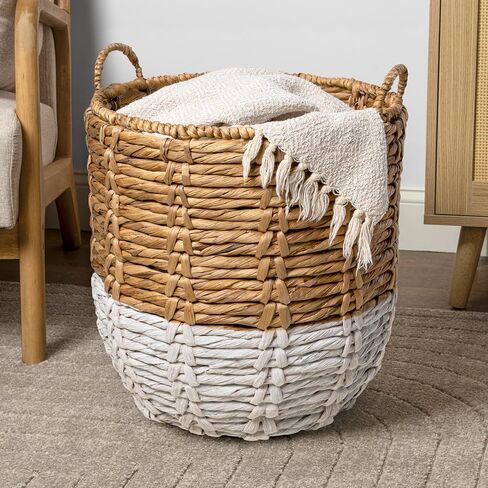 happimess BSK1003B Laurel 19.49" Bohemian Handwoven Abaca Hamper Basket with Handles, Brown for Storage and Decoration in Bathroom, Bedroom, Living Room in Kuwait