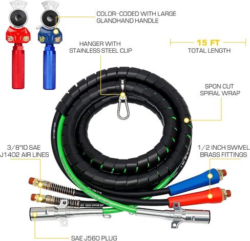 15ft 3 in 1 Trailer Air Line Hose Wrap Assembly with Gladhands and Handle 7 Way Electrical Cable ABS & Power Air Line for Semi Truck Trailer Tractor in Saudi Arabia