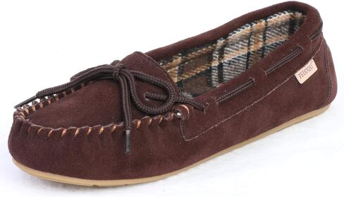 Plaid Lined Hardsole - Moccasin Slippers for Womens Made with Suede Upper, Rubber Sole, Textile Lace, and Traditional Moccasin Design in Kuwait
