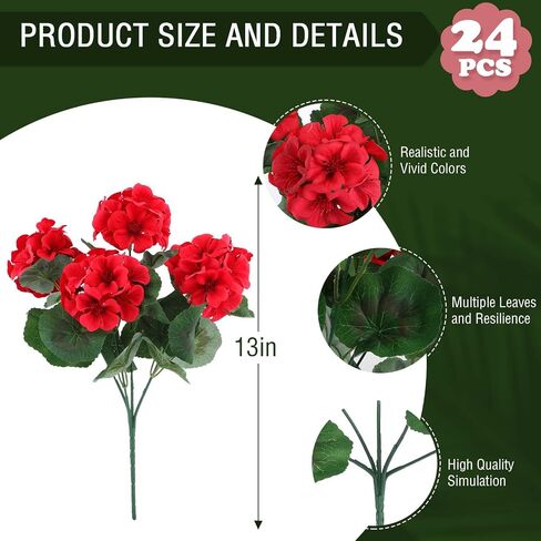 Hananona 6 Bundles Artificial Geranium Flowers for Outdoors Silk Geranium Flowers Outdoor UV Resistant Garden Plants Faux Flowers for Home Kitchen Table Centerpieces Decor (6, Red) in Saudi Arabia