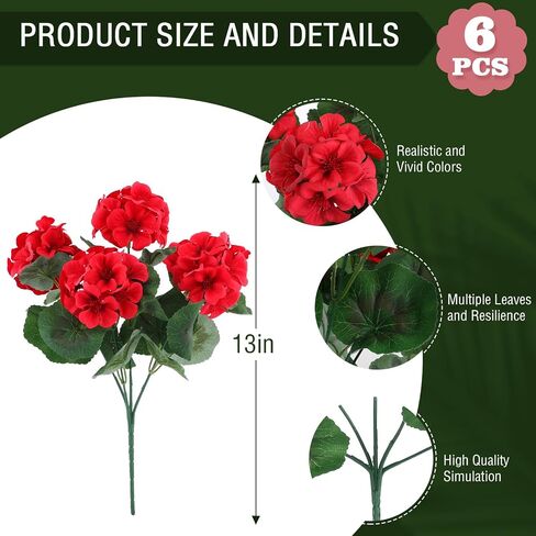 Hananona 6 Bundles Artificial Geranium Flowers for Outdoors Silk Geranium Flowers Outdoor UV Resistant Garden Plants Faux Flowers for Home Kitchen Table Centerpieces Decor (6, Red) in Saudi Arabia