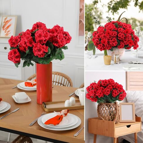 Hananona 6 Bundles Artificial Geranium Flowers for Outdoors Silk Geranium Flowers Outdoor UV Resistant Garden Plants Faux Flowers for Home Kitchen Table Centerpieces Decor (6, Red) in Saudi Arabia