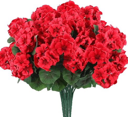 Hananona 6 Bundles Artificial Geranium Flowers for Outdoors Silk Geranium Flowers Outdoor UV Resistant Garden Plants Faux Flowers for Home Kitchen Table Centerpieces Decor (6, Red) in Saudi Arabia
