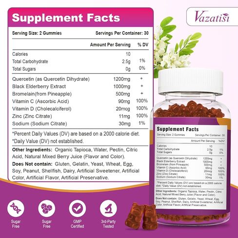 Quercetin Gummies ، Quercetin مع فيتامين C من الزنك ، Bromelain ، Elderberry و Vitamin D ، الدعم المناعي للأطفال ، النساء الرجال ، 60 Gummies مضغ in Kuwait