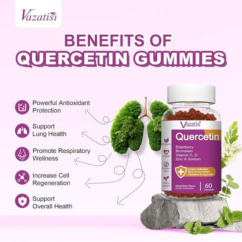 Quercetin Gummies ، Quercetin مع فيتامين C من الزنك ، Bromelain ، Elderberry و Vitamin D ، الدعم المناعي للأطفال ، النساء الرجال ، 60 Gummies مضغ in Kuwait