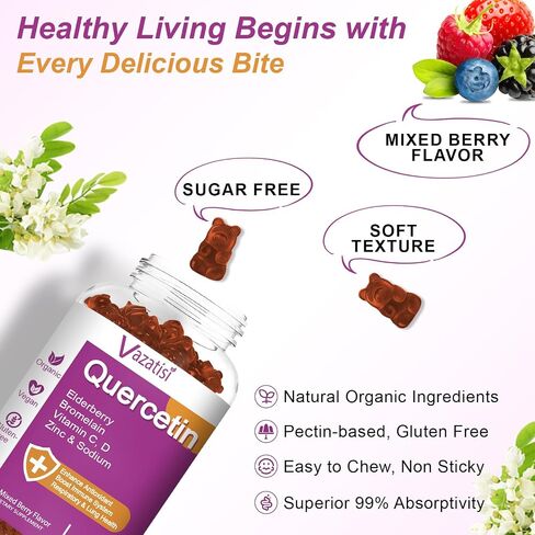 Quercetin Gummies ، Quercetin مع فيتامين C من الزنك ، Bromelain ، Elderberry و Vitamin D ، الدعم المناعي للأطفال ، النساء الرجال ، 60 Gummies مضغ in Kuwait