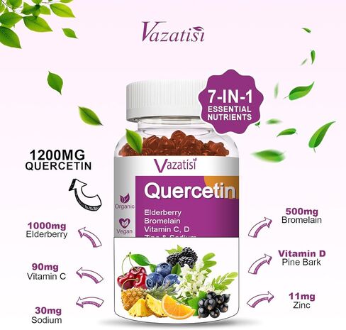 Quercetin Gummies ، Quercetin مع فيتامين C من الزنك ، Bromelain ، Elderberry و Vitamin D ، الدعم المناعي للأطفال ، النساء الرجال ، 60 Gummies مضغ in Kuwait