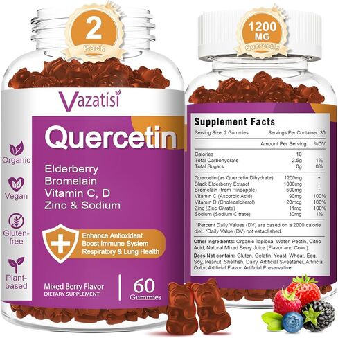 Quercetin Gummies, Quercetin with Vitamin C Zinc, Bromelain, Elderberry and Vitamin D, Immune Support Adults Kids, Women Men, 60 Gummies Chewable in Kuwait