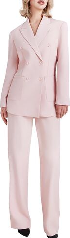 Women's 2 Piece Double Breasted Blazer and Wide Leg Pants Pocket Business Casual Office Suit in Saudi Arabia