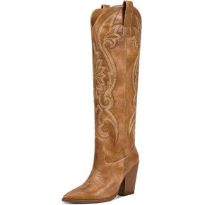 ISNOM Womens Cowboy Knee High Boots Boots Boots Western Western Withited Withing Exproidered Ene Cheel Cheel Clip on Brostro Tall Boots