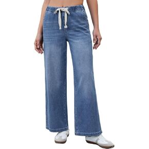 luvamia Wide Leg Jeans Woman High Waisted Trendy Pull On Elastic Waist Drawstring Stretchy Denim Jean Pants with Pockets