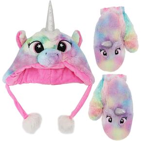 Kids Girls Cute Rainbow Unicorn Beanie Winter Hat and Glove Set Tie Dye Fuzzy Fur Earflap Cap Mitten Set