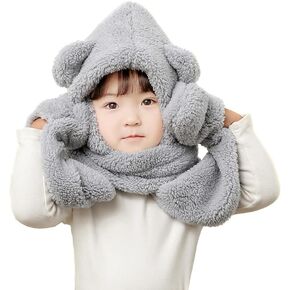 Winter Faux Fur Hood Hat Scarf and Gloves for Kids, 3 in 1 Lamb Wool Hooded Scarf for Girls and Boys 1-7 Years Old