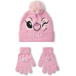 Disney Lilo & Stitch Girls Beanie Hat & Gloves Set | Pink Knitted Winter Hat with Angel Character Face | Kids One Size Pom Pom Beanie with Heat Transfer Print Gloves | Classic Movie Merchandise Gift