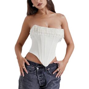 Women's Sexy Pearls Corset Top Strapless Zip Back Boned Y2k Bodyshaper Bustier Top