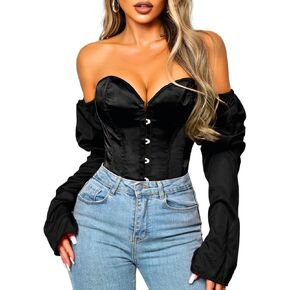Kaei&Shi Long Sleeve Corset Tops,Off The Shoulder Overbust Corsets Top,Women Strapless Renaissance Costume