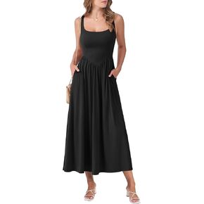 anrabess Sundresses for Women 2025 الصيف غير الرسمي عن الرقبة مربعة مربعة مدخنة
