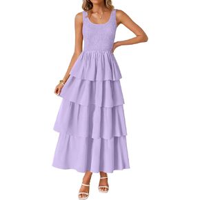 ZESICA Women's 2025 Summer Boho Sleeveless Midi Dress Scoop Neck Ruffle Tiered Layered Swing Long Beach Vacation Dresses