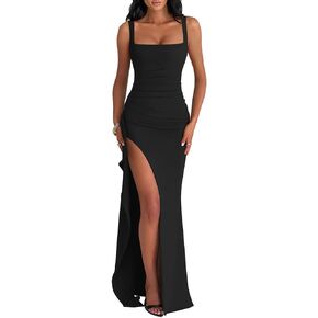 Lagshian النسائية الأنيقة المربعة الرقبة بلا أكمام bodycon عالي الانقسام فستان سهرة رسمية طويلة