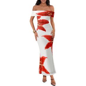 MEROKEETY Women's Summer Off Shoulder Floral Maxi Dress 2025 Formal Wedding Guest Cocktail Bodycon Dresses