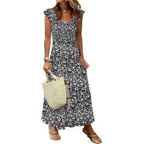 ANRABESS Womens Summer Sleeveless Maxi Dress Square Neck Smocked Boho Casual Ruffle Strap Flowy A-Line Long Beach Sundress