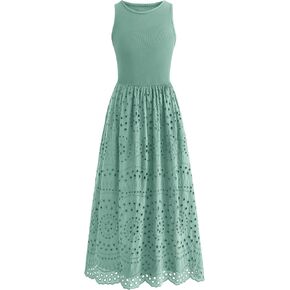 dowerme Women Summer Dresses 2025 Casual Sleeveless Crewneck A-Line Boho Lace Eyelet Cotton Tank Maxi Dress with Pockets