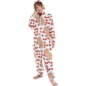 Capybara with Strawberry Onesie Pajama, One Piece Sleepwear Jumpsuits for Daily Wears and Sleep Wears