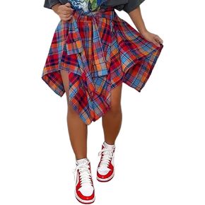 Womens Plaid Skirts Elastic High Waist Tie Front Asymmetrical Hem Pleated Mini Skirt