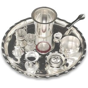 مجموعة Pooja Thali مطلية بالفضة 9.5 بوصة مع لوحة Diya Haldi Kumkum Stand Panchapatra Palli Bowl Dhup Dan Ghanti Puja Thali للمنزل Mandir Office Diwali عودة الهدية