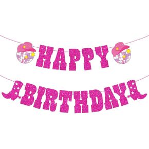 Western Cowgirl Glitter Happy Birthday Banner Boot and Cowgirl Hat Disco Ball Pink Birthday Party Decoration for Girl Women Mexican Cowgirl Bachelorette Birthday Party Supplies