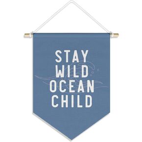 Kid Ocean Nursery Decor Stay Wild Ocean Child Banner Wall Hanging Canvas Blue Nautical Nursery Pennant Flag Posters Prints for Baby Boy Girl Toddler Kids Room Playroom Bathroom Decor, 15x11in