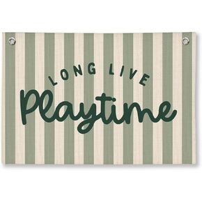 Playroom Decor, Long Live Playtime Wall Hanging Linen Banner, Blue Striped Wall Flag for Kids Room Nursery Playroom Decor, 20x30 Inch
