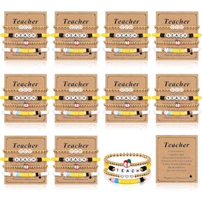 40 Pcs Teacher Appreciation Gift Stackable Bracelets Bulk Thank You Teacher Gifts Bracelet for Women with Message Card from Students Apple Heart Charm for Ladies