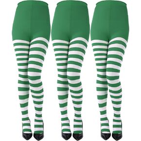 Sumind 3 Pairs St. Patrick's Day Striped Tights Full Length Tights Green Thigh High Stocking for Christmas Costume Accessory