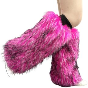 Faux Furs Leg Warmers for Womens Winter Warm Furs Boot Cuffs Covers,Cozy,Christmas,Halloween,Party, Cosplay Costume, 25, Rose Red Raccoon Dog
