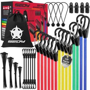 Heavy Duty Bungee Cords with Hooks 129 PCS, 18", 20", 32", 40" Outdoor Rubber Elastic Rope, 4 Canopy Tarps Clips, Small Bungees Rope with Ball, 100 Zip Ties, Mini Cords Carabiner Hook, Storage Bag