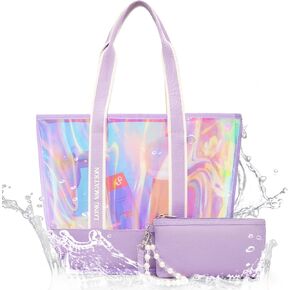 LONG VACATION Beach Bags for Women, PVC Travel Tote Waterproof Sandproof, Beach Bag with Zipper, Iridescent Beach Tote Bag