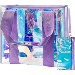 Holographic Iridescent Tote Bag Clear Travel Beach Bag and Phone Pouch Transparent PVC Handbag Large Tote