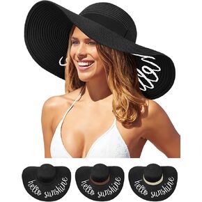 Floppy Beach Hats for Women Straw Sun Hat Foldable Wide Brim Embroidered Roll up for Summer Honeymoon Vacation Travel UPF 50+