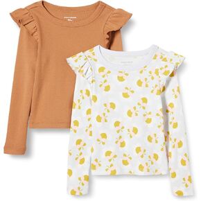 Amazon Essentials Girls and Toddlers' Long Sleeve Ruffle T-Shirt, Pack of 2