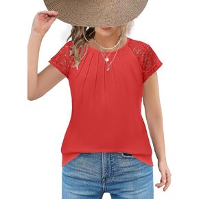 قمصان Arshiner Girls Sleeves Lace Plateed Kids Summer Tops Crewneck Blouses Tees