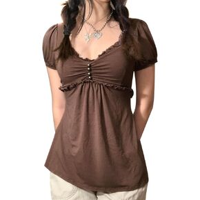 قمصان النساء الجنية الجرونج Y2K قمصان الصيف قصيرة الأكمام الدانتيل المرقعة تي شيرت Vinatge E-Girls الملابس الجمالية in Kuwait