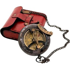 Compass Sundial Compass Black Sundial مع حالة جلدية - النحاس والنحاس العتيقة على مدار الساعة للتخييم ، المشي لمسافات طويلة ، جولة - هدية محفورة له - ساعة نسخة طبق الأصل من السفينة البحرية - الساعة الشمسية في الصندوق