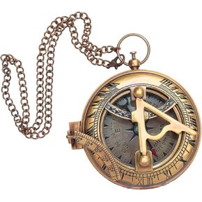 Antique Decor Sundial Brass Compass with Leather Case, Unique Gift for Men, Vintage Push Open Sundial Compass for Camping, Hiking, Touring, Beautiful Handmade Sun Clock, Steampunk Style Clock