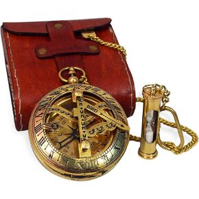 Vintage Brass Sundial Compass with Leather Case - Antique Brass & Copper Sun Clock for Camping, Hiking, Touring - Engraved Gift for Him - Nautical Ship Replica Watch - Sundial Clock in Box