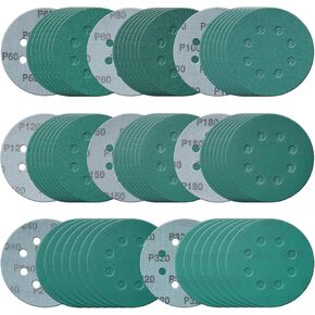 أقراص رملية 5 بوصة 8 بوصة ، 100 قطعة من أجهزة الرملي الجاف مجموعة 600 800 1000 1500 2000 حزام متنوعة من ورق الصنفرة المدعومة من بوليستر خضراء مع وسادة واجهة لسندر مداري عشوائي in Kuwait