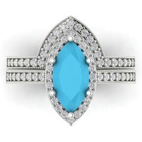 Clara Pucci 2.16ct Marquise Cut Halo Solitaire Simulated Turquoise Engagement Promise Anniversary Bridal Ring Band set 18K White Gold