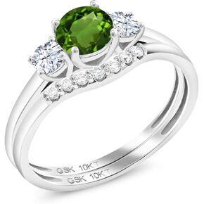 10K White Gold Green Chrome Diopside and White Created Sapphire and White Lab Grown Diamond 3-Stone Bridal Engagement Wedding Ring Set For Women (0.83 Cttw, Round 5MM, Available in Size 5,6,7,8,9)