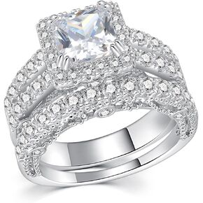 5CT Princess Cut Engagement Ring, Promise Wedding Cubic Zirconia White Gold Plated Band Set for Women Size 5-10