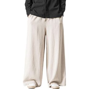 Flygo Mens Linen Pants Casual Wide Leg Baggy Pants Summer Cotton Elastic Waist Yoga Beach Palazzo Trousers
